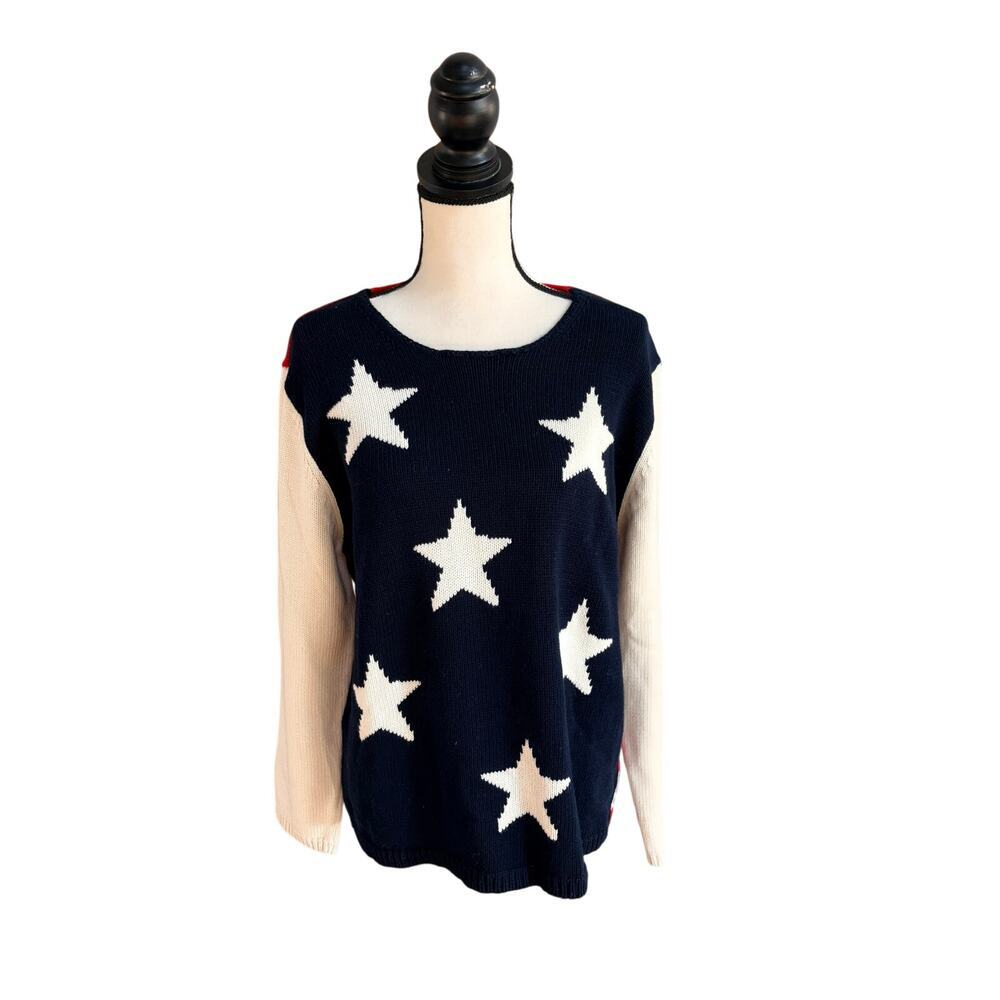 Liz Claiborne Women's Stars & Stripes USA Sweater Navy Red Cream XL Cotton Knit